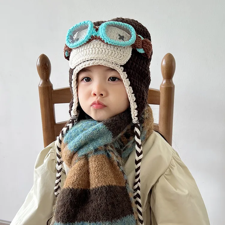 宝宝帽子手工飞行员帽护耳帽针织帽卡通雷锋帽秋冬加厚男女宝防风
