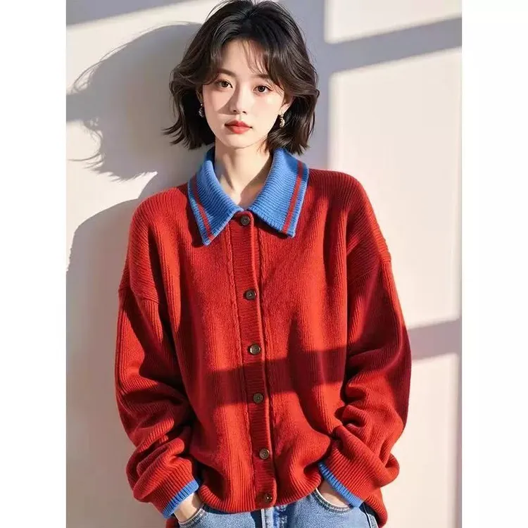 独特超好看红蓝撞色毛衣开衫女秋冬新款外套慵懒宽松显瘦针织上衣