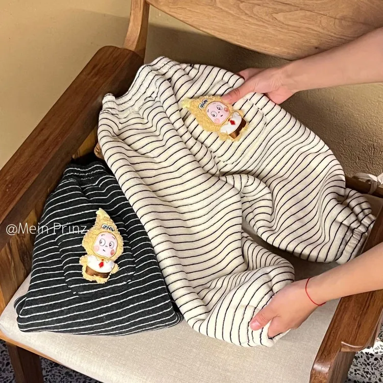 【超厚加绒送玩偶】冬季条纹卫裤男女童宝宝保暖洋气束脚裤休闲裤