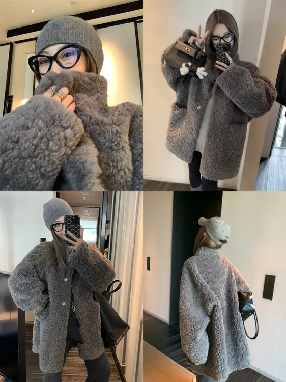 本期挚爱！慵懒感中长款皮毛一体羊羔毛外套女冬季宽松环保毛上衣