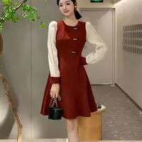 9007假两件红色连衣裙秋季新款