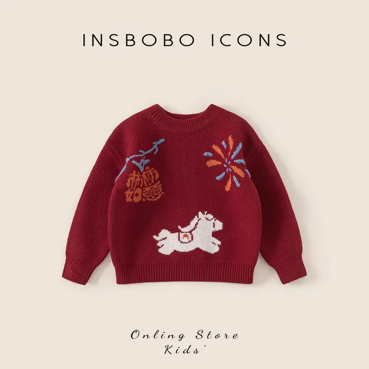INSbobo儿童红色毛衣洋气冬季节日氛围图案套头卡通毛衣潮DY25403
