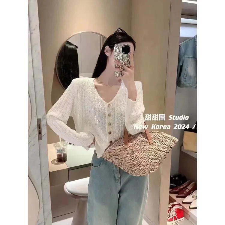 小香风轻奢亮片针织开衫女亮闪闪V领薄毛衣外套长袖早春chic上衣