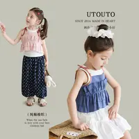 utouto大耳象女童波点褶皱吊带小衫2025夏季新款绑带上衣2404222