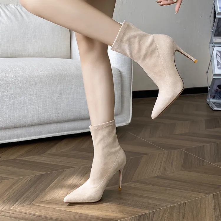 弹力袜靴尖头短靴细跟高跟鞋女秋冬御姐裸靴女春秋单靴瘦瘦靴绒面