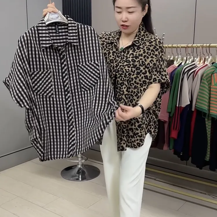 2722+大码女装春夏新款百搭时尚宽松衬衫扣板半袖上衣