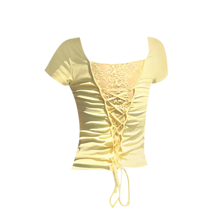艺等黄色纯欲V领短袖T恤女夏季新款蕾丝绑带美背性感露背辣妹上衣