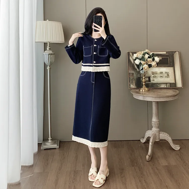高级感休闲套装女秋时尚减龄气质小香风蕾丝拼接牛仔半身裙两件套