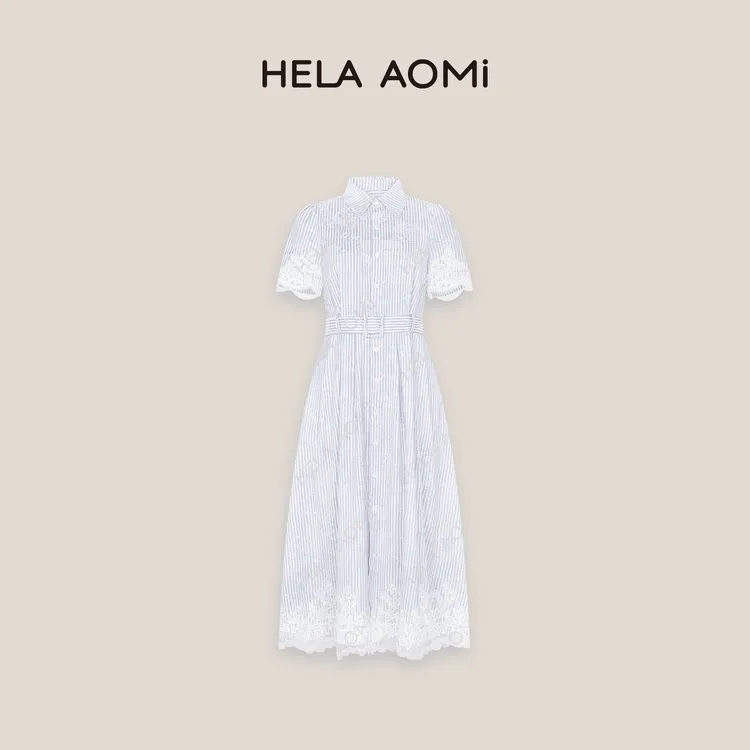 HELA AOMI“海盐花园”设计感拼接蕾丝条纹收腰连衣裙CY5BC72485