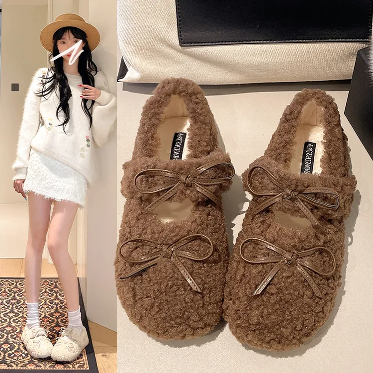 仙女风法式平底毛毛鞋女2025冬季新款蝴蝶结加绒保暖玛丽珍鞋