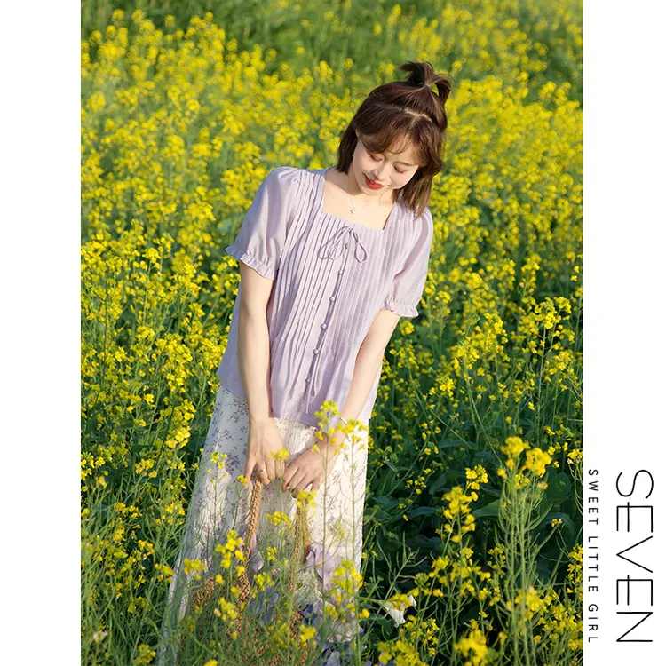 紫雾田园⑧七七146小个子紫色方领洋气系带衬衫女士夏季薄款小美说