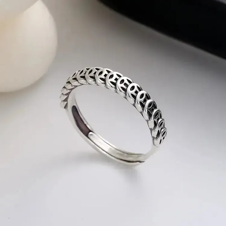 S925简约复古做旧金铜钱币戒指中式文艺食指环高级感