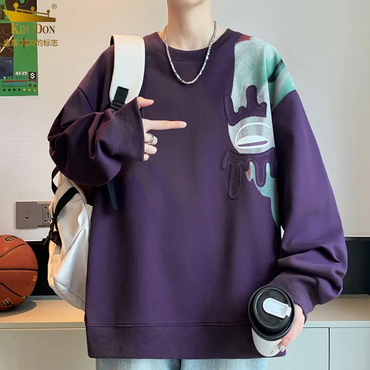 金盾卫衣男款青少年不带帽秋冬港风潮流贴花圆领长袖休闲打底上衣