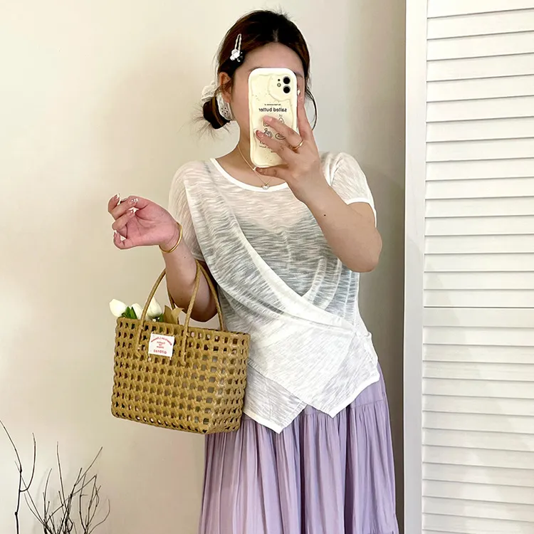 大码女装设计感不规则上衣2025夏款胖mm薄款针织衫女短袖t恤23077