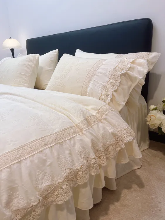 法式牛奶绒双面绒雕花四件套加绒蕾丝花边被套加厚保暖床单床品