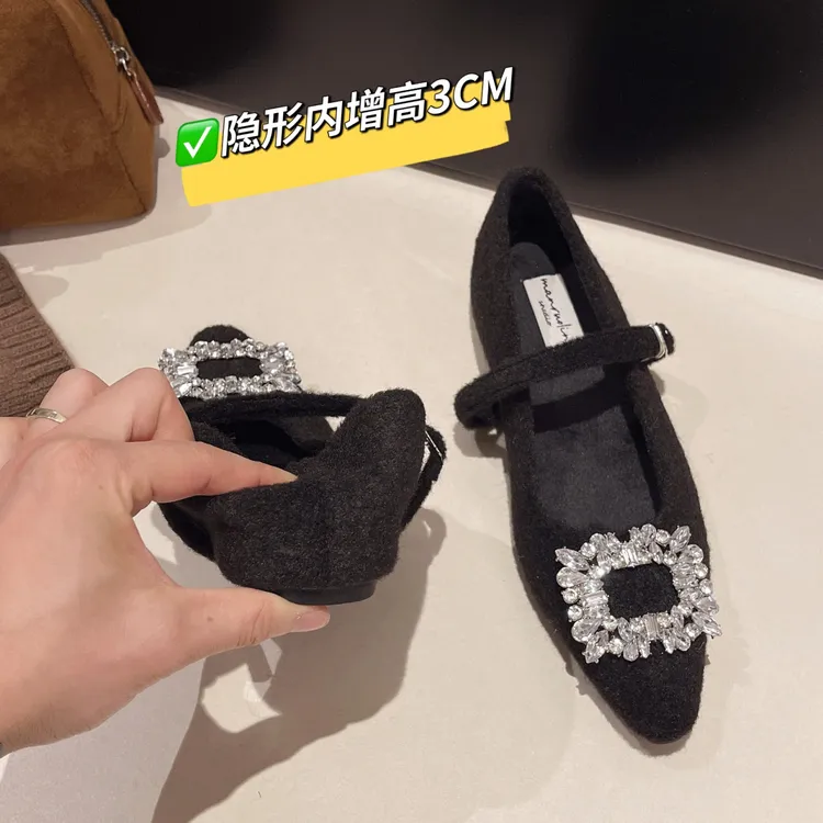 粗跟气质玛丽珍鞋法式晚晚方头水钻呢子毛毛鞋女秋冬外穿内增高鞋