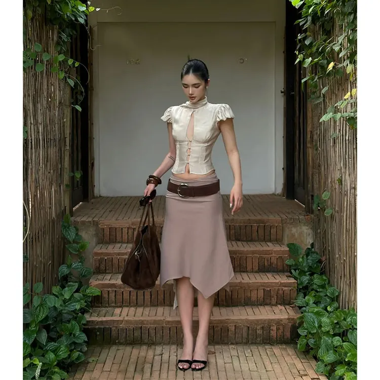 2025夏季新款辣妹修身镂空单排扣飘带开衫显身材露脐上衣高腰半裙