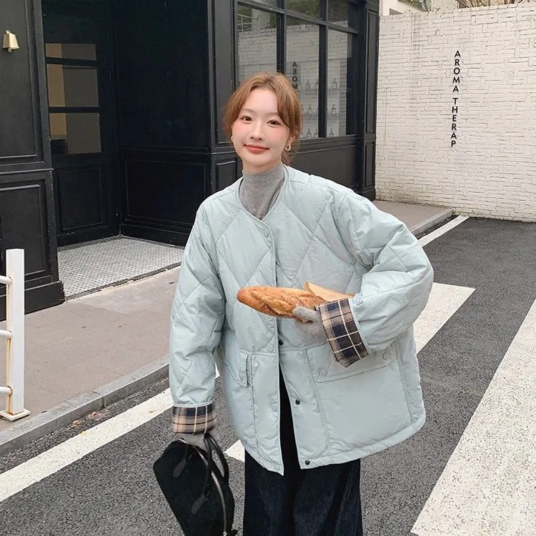 外套2025菱格棉服韩版新款休闲拼接小个子格子宽松棉衣多巴胺ins