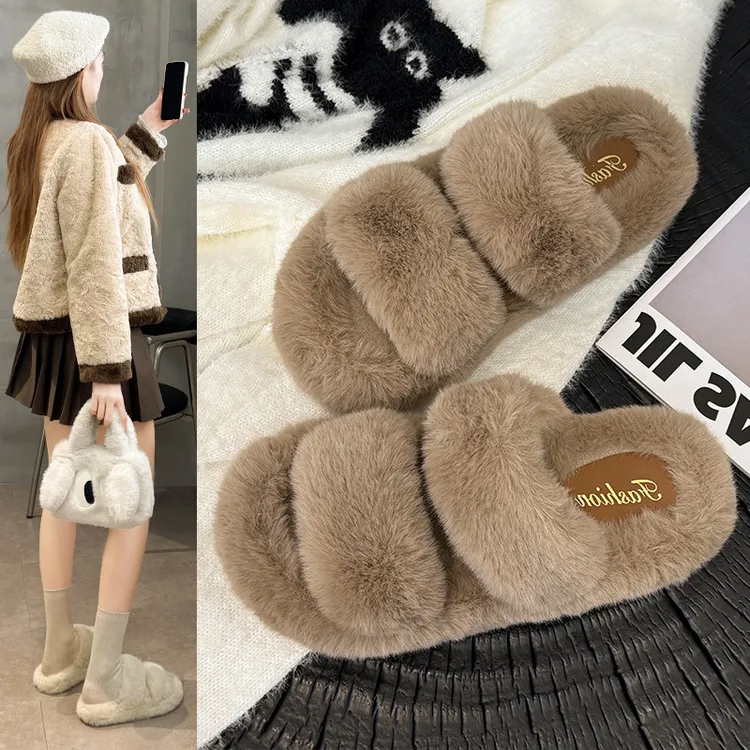 秋冬新款棉拖鞋外穿女韩版网红外出居家室内时尚潮流毛绒拖鞋百搭