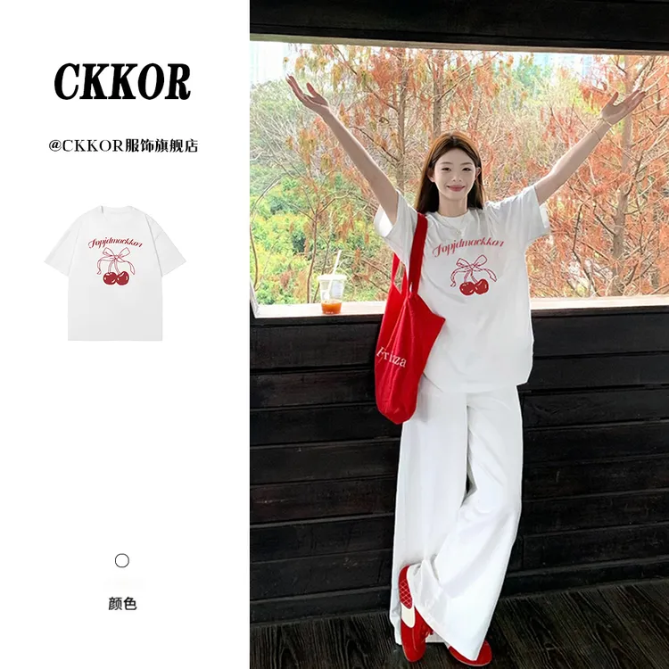 CKKOR夏季新款圆领短袖t恤女复古休闲设计感小众女装慵懒风上衣服