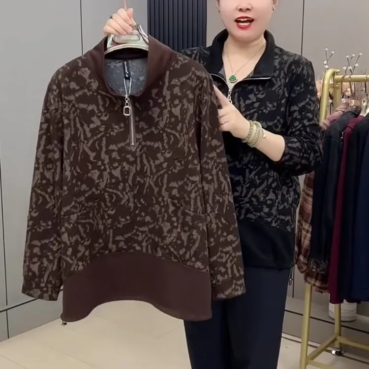 3199梵#大码时尚秋冬新款女士百搭春秋洋气宽半高领半拉链上衣衫