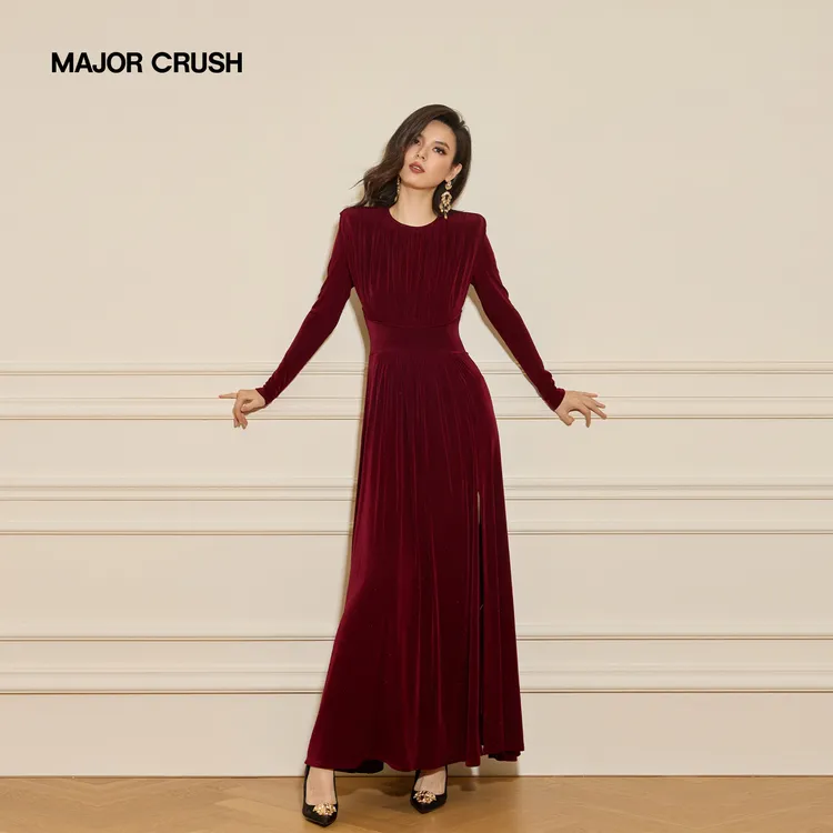 MAJOR CRUSH秋季新款赤锦星澜圆领连衣裙红色高级感宴会礼服7500