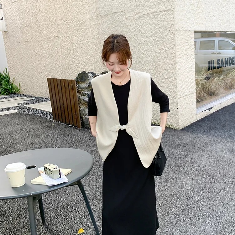 MISU/糜素韩系气质老钱风连衣裙套装秋季高级感蝴蝶结马甲两件套
