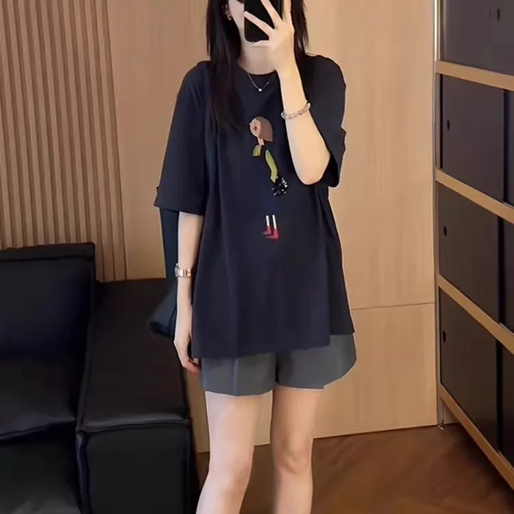 2025超火两件套夏装卡通女孩印花短袖T恤高腰休闲短裤洋气两件套