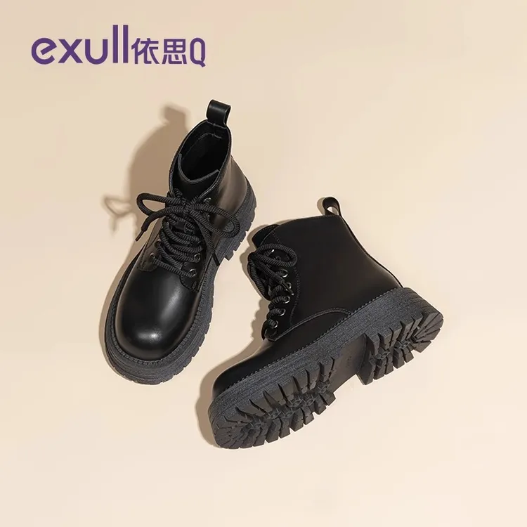 依思q黑色马丁靴女2024秋冬新款厚底单靴百搭英伦复古风系带短靴