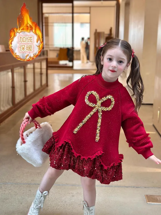 女童冬季加绒保暖长袖小香风花苞裙公主风宝宝连衣裙洋气拜年服潮