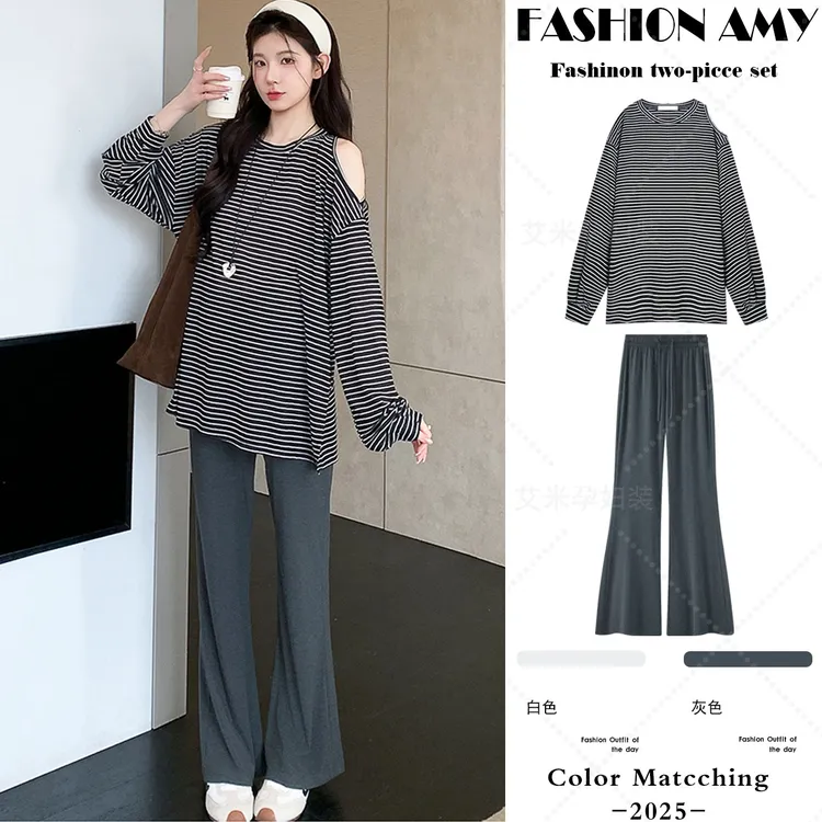 孕妇装秋装套装新款时尚韩版宽松慵懒露肩条纹长袖T恤显瘦喇叭裤1