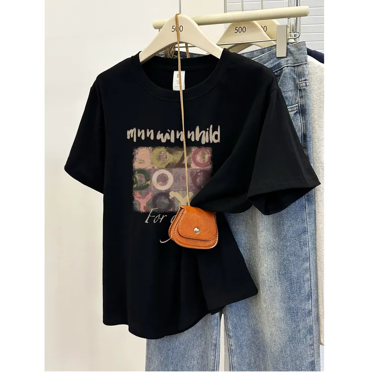 圆领正肩短袖t恤女2025夏季新款韩版时尚百搭显瘦洋气印花上衣ins