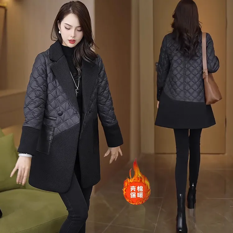 菱格棉服女中长款2025秋冬新款洋气时尚棉衣拼接毛呢外套夹棉大衣