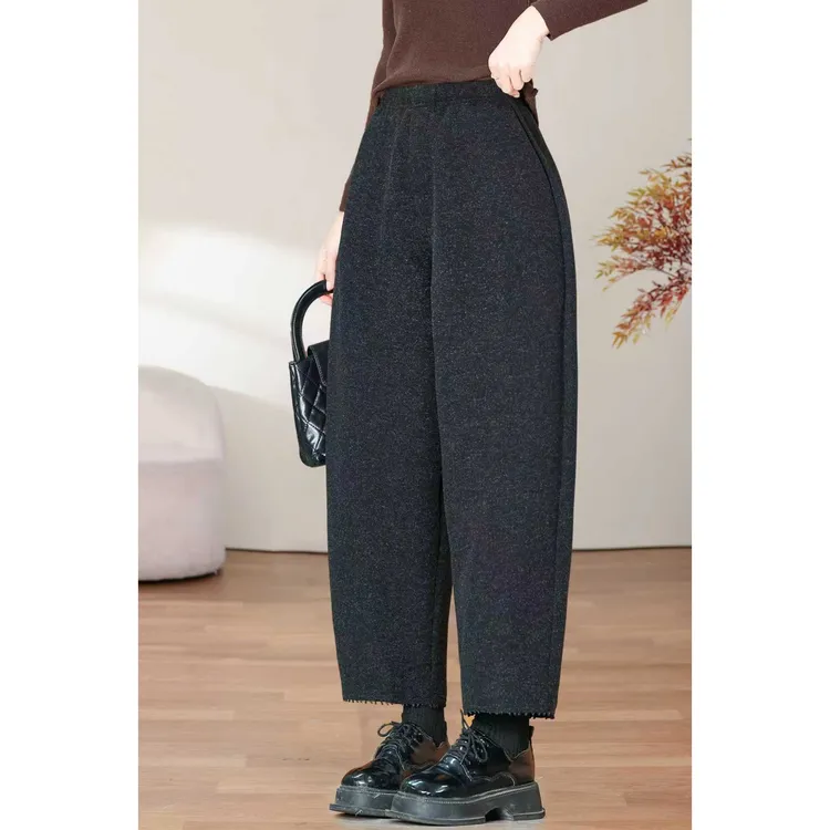 25年垂感毛呢加绒加厚秋冬新款韩系高腰弯刀阔腿裤宽松小个子长裤