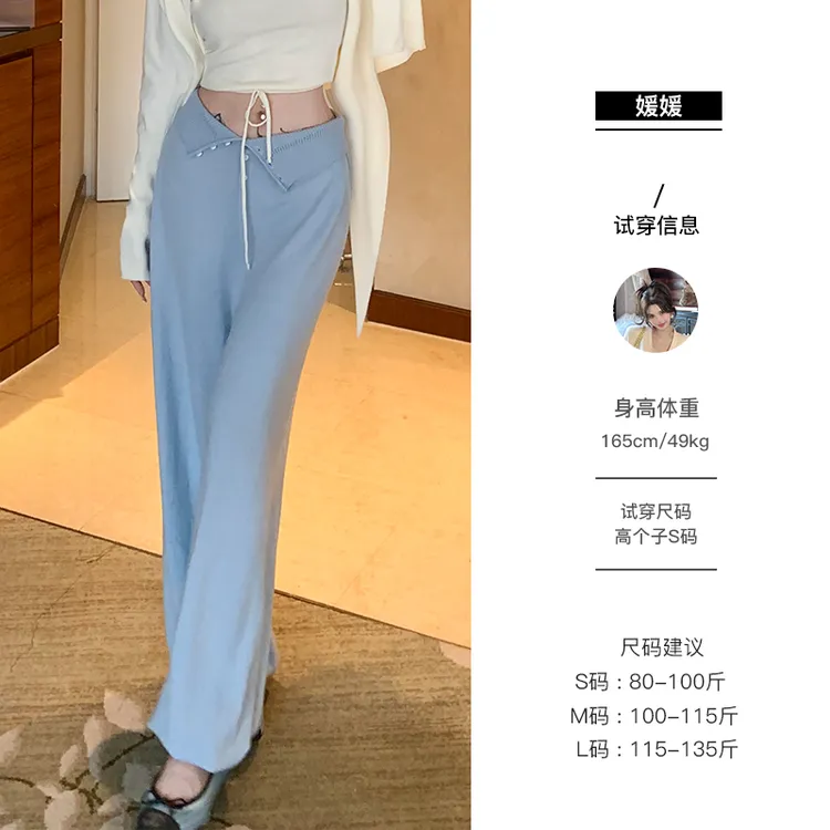 媛媛【自在呼吸】蓝色纽扣设计感休闲裤女新款宽松显瘦直筒裤#K1169