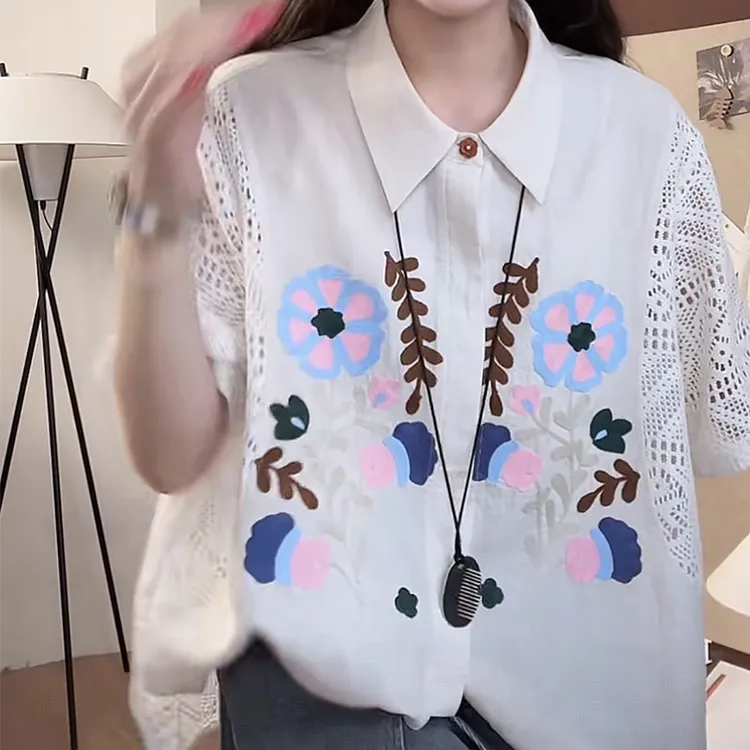 2025白色衬衫夏季重工刺绣花朵镂空拼接宽松潮流大气上衣女洋气