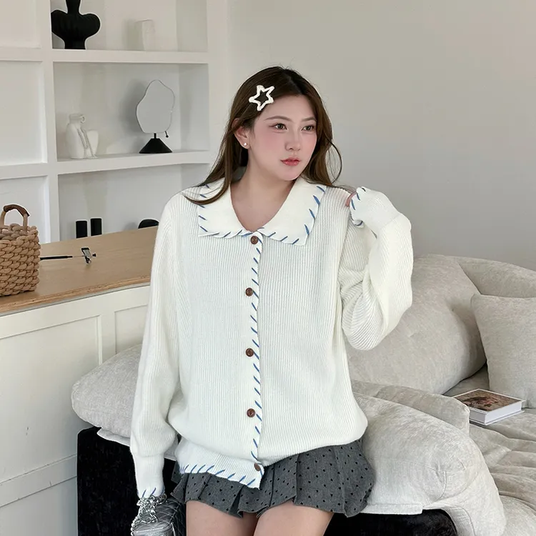 大码胖mm手工撞色翻领针织开衫秋冬慵懒气质宽松毛衣长袖外套8056