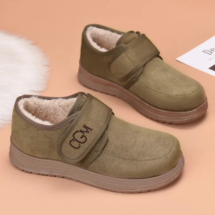 冬季新款加绒保暖面包头棉鞋低帮棉鞋魔术贴一脚蹬圆头老北京棉靴