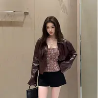 美拉德复古感短款酒红色皮衣百搭休闲高级感小个子皮夹克时尚显瘦