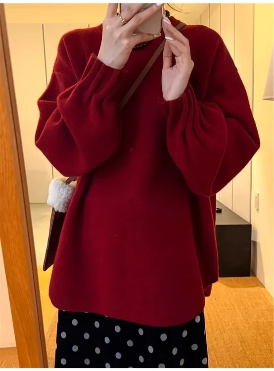 新年红色压褶袖口圆领毛衣女高级感慵懒风松弛感超好看针织衫上衣