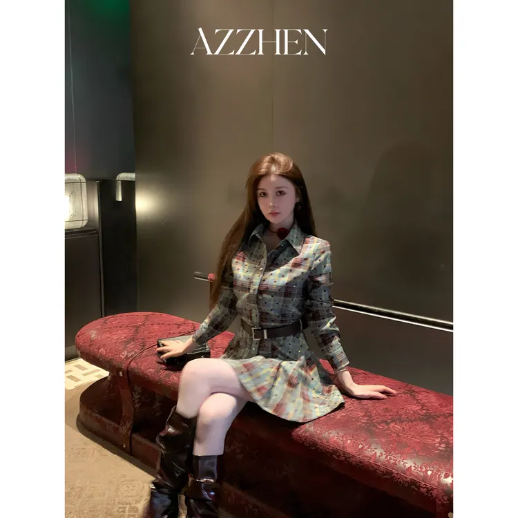  （假日穿搭）AZZHEN【复古回廊】复古红格纹衬衫连衣裙AZ5BSL30-00