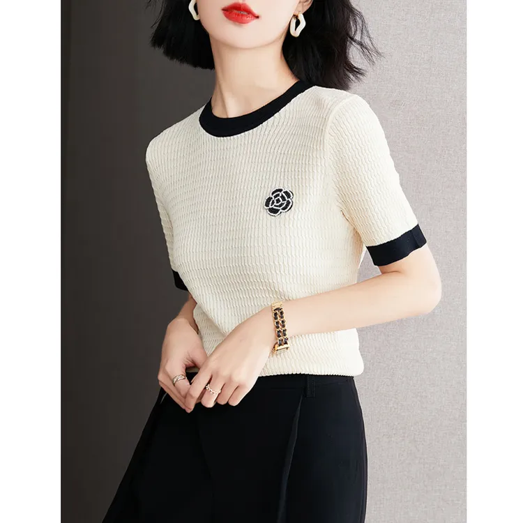 夏季2025新款撞色T恤针织衫小香风短袖高级百搭上衣82311