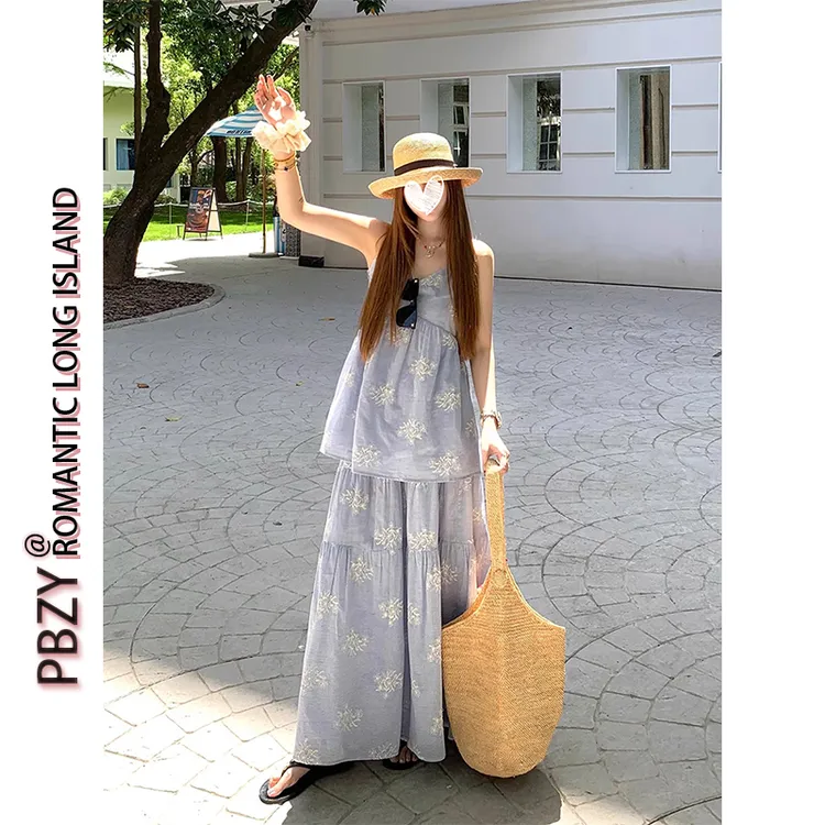 刺绣吊带上衣女夏度假宽松裙子设计感半身裙长裙两件套装 9102#