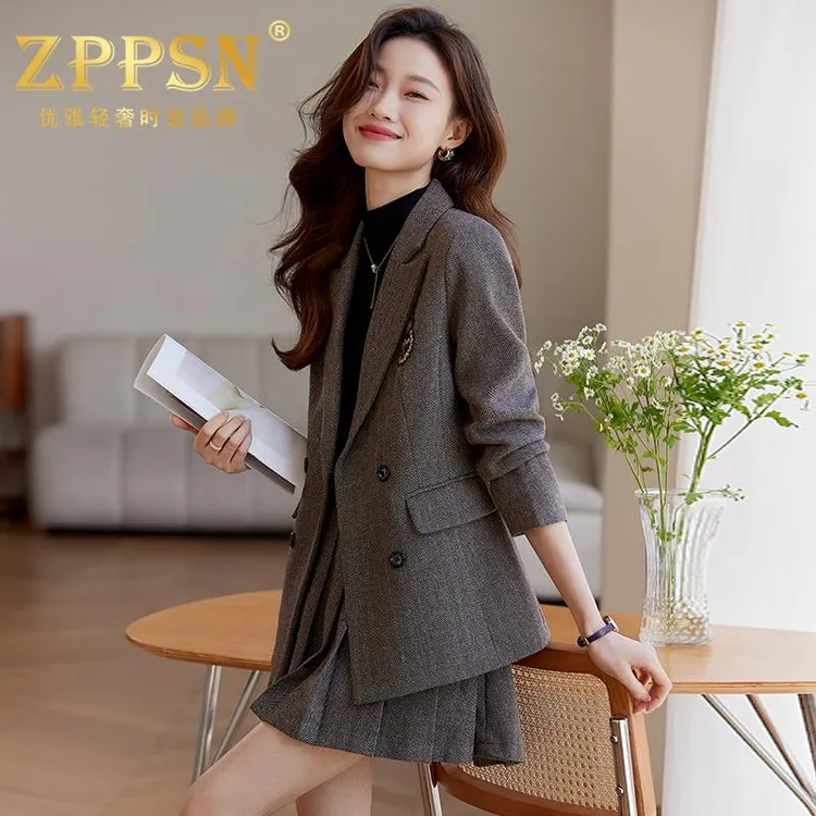 ZPPSN灰色羊毛西装套装裙女春秋2024新款高级感小个子休闲毛呢西