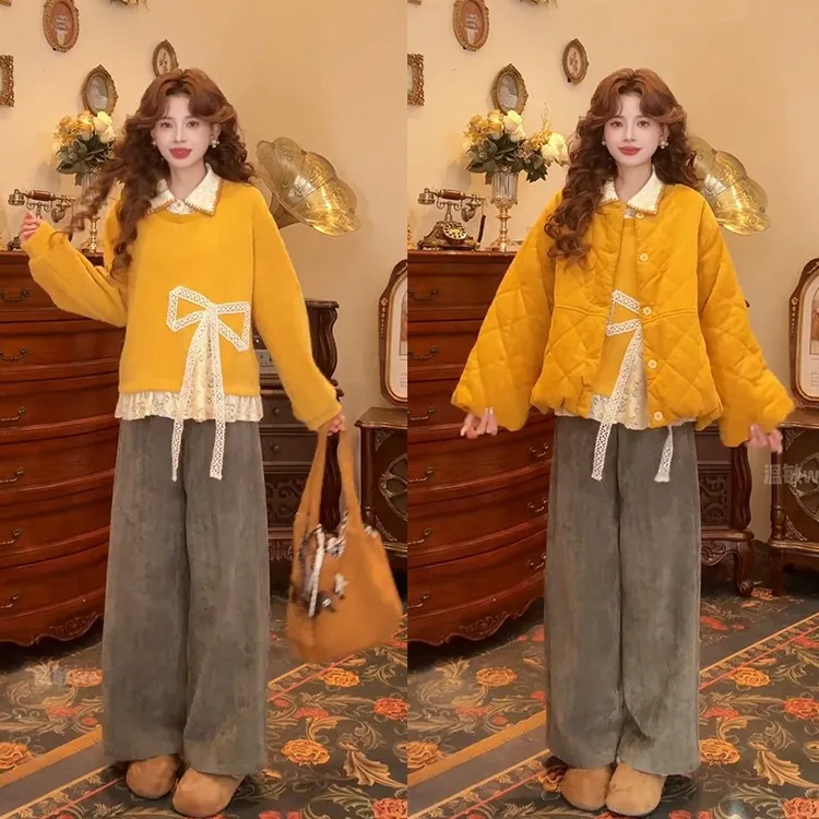 秋冬超火穿搭一整套女2025新款假两件卫衣复古棉服外套裤子三件套