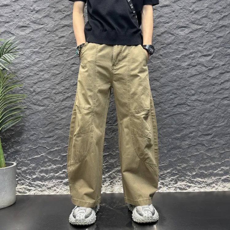 拼接褶皱纯色弯刀牛仔裤新款男士百搭时尚男士宽松拼接弯刀牛仔裤