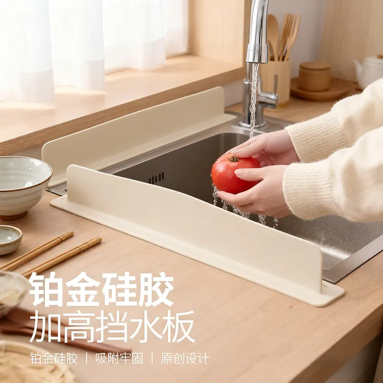 一体式吸盘水槽挡水板厨房台面防溅水卫生间洗漱台水池边缘挡水条