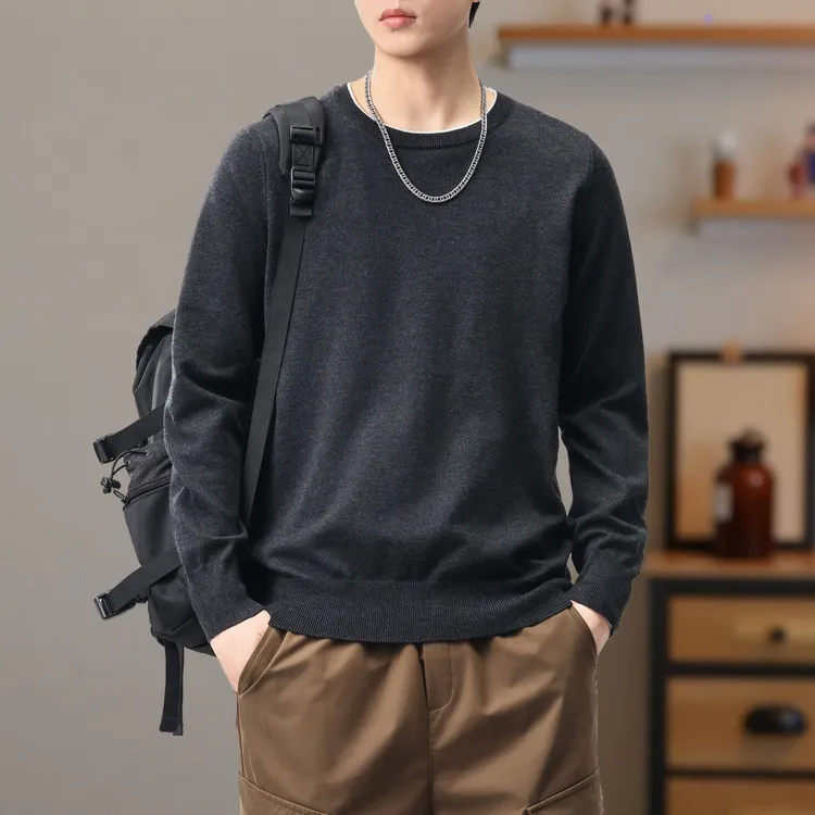 棉羊毛圆领毛衣男薄款2025秋季新款宽松休闲简约纯色打底针织衫潮