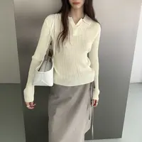 02781 秋翻领V字细坑条修身显瘦慵懒感毛衣女