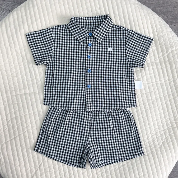 【格子衬衫套装 小乐妈咪】婴儿春夏短袖衬衫套装儿童休闲两件套D18